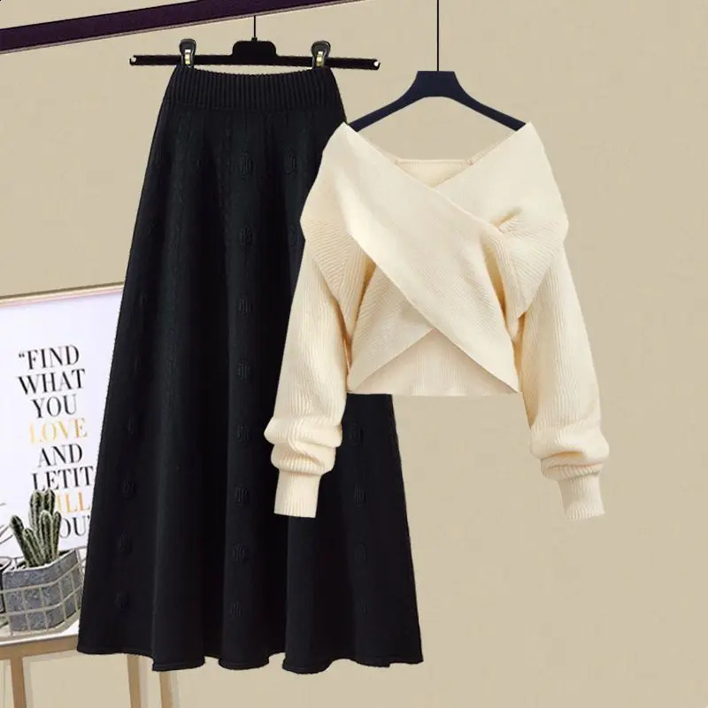 Autumn and Winter Womens Set 2024 Lazy Knitted Vneck Sweater Slimming Half Skirt Two Piece Trendy 241220