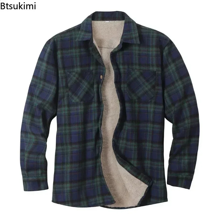 2025 Mens Plaid Plus Fleece Jacket Autumn Winter Turn-down Collar Button Thickened Shirt Jacket For Men Casual Jacket Shirts 241223