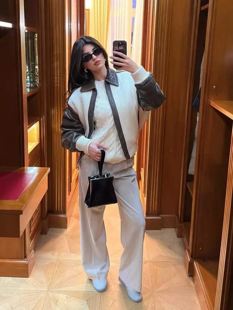 Women Casual Zipper Contrasting Leather Coat Fashion Lapel Long Sleeves Loose Jacket Autumn 2024 chic Office High Streetwear 241224