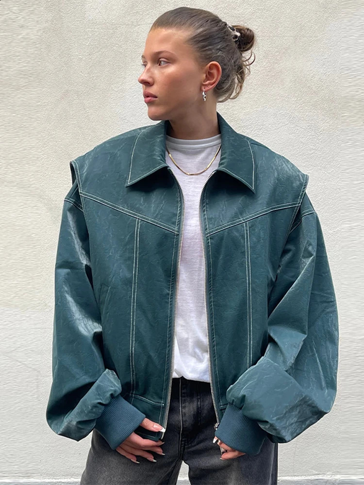 Vintage Contrast Stitch Lapel Long Sleeve Jacket Loose Solid Zipper Pu Leather 2024 Female Autumn High Streetwear 241223