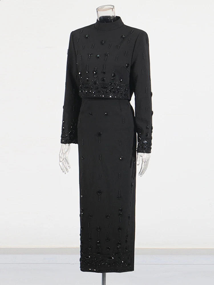 TWOTYLE Solid Spliced Diamonds Two Piece Set For Women Stand Collar Long Sleeve Tops High Waist A Line Skirt Female 241220