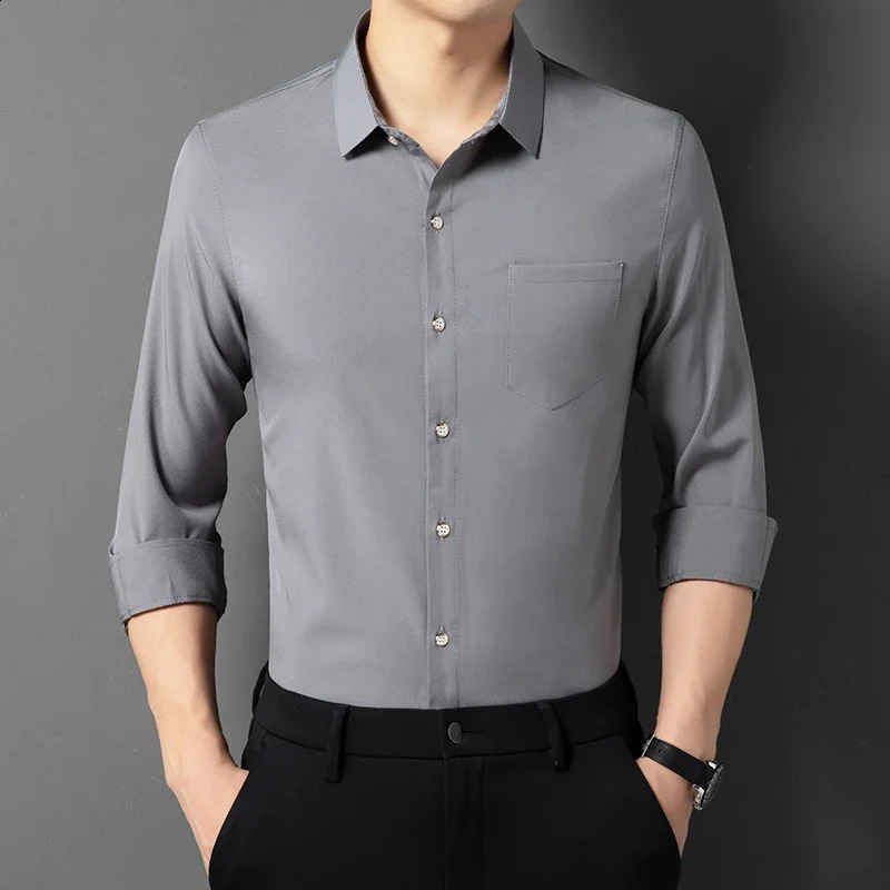 Mens Business Casual Solid Color Long Sleeved Shirt Non Ironing Comfortable Top 241223