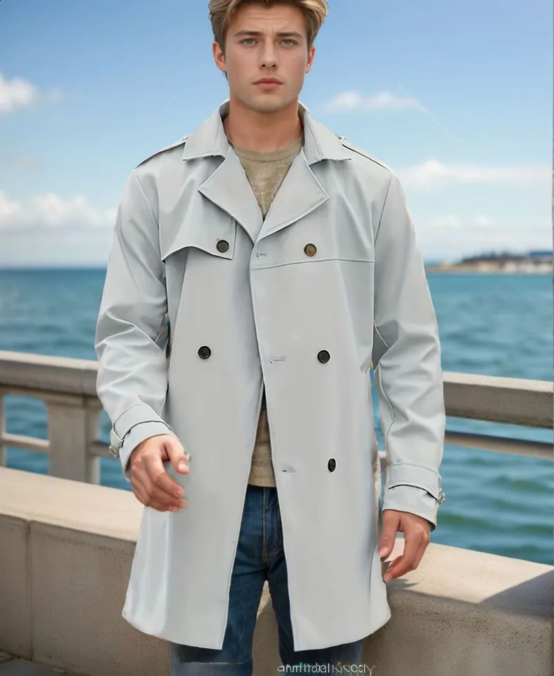 Spring and Autumn Solidcolor European American Longsleeved Trench Coat Mens Lapel Slimfitting Doublebreasted Casual 241220
