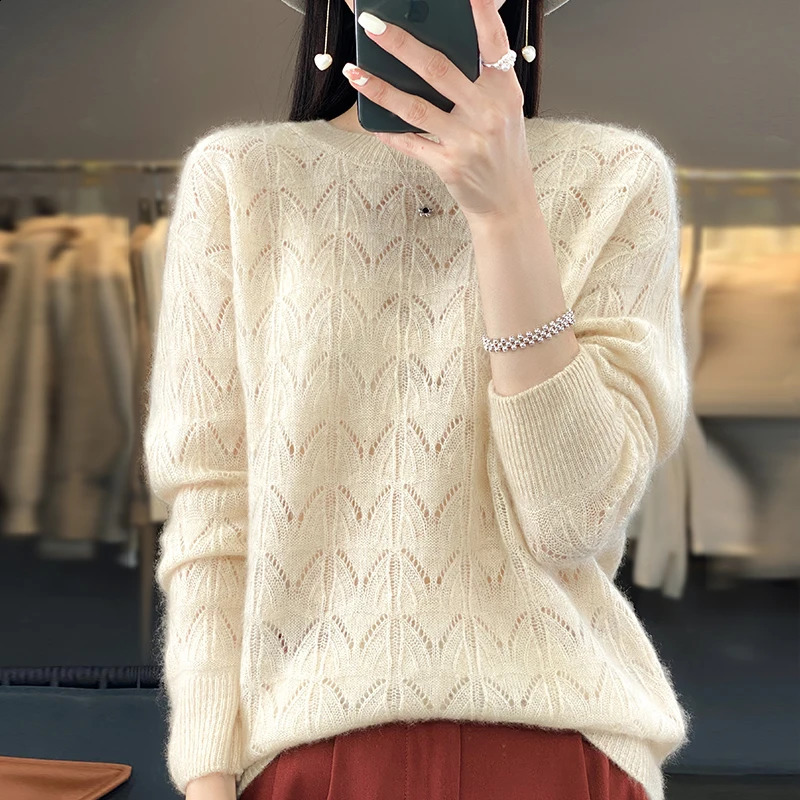 Wool Oneck Sweater Women Knitted Hollowout Long Sleeve Tops Spring Female Pullover Autumn Winter Loose Fashion Basics Jumper 241223Z