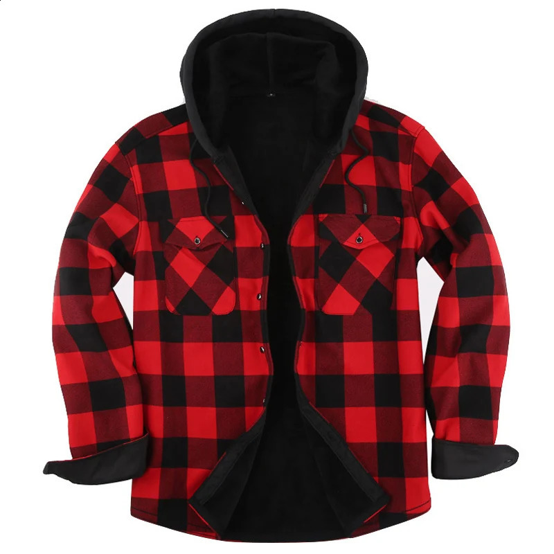 Autumn And Winter Mens Flannel Warm Long Sleeve Shirts Casual Fashion Comfortable Plaid Shirt With a Hood Male Clothes 241223