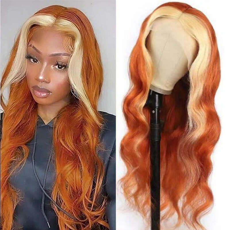 T-Shaped Lace Headband, Ginger Yellow Dyed Orange Wave Synthetic Wig Wigs Kq2