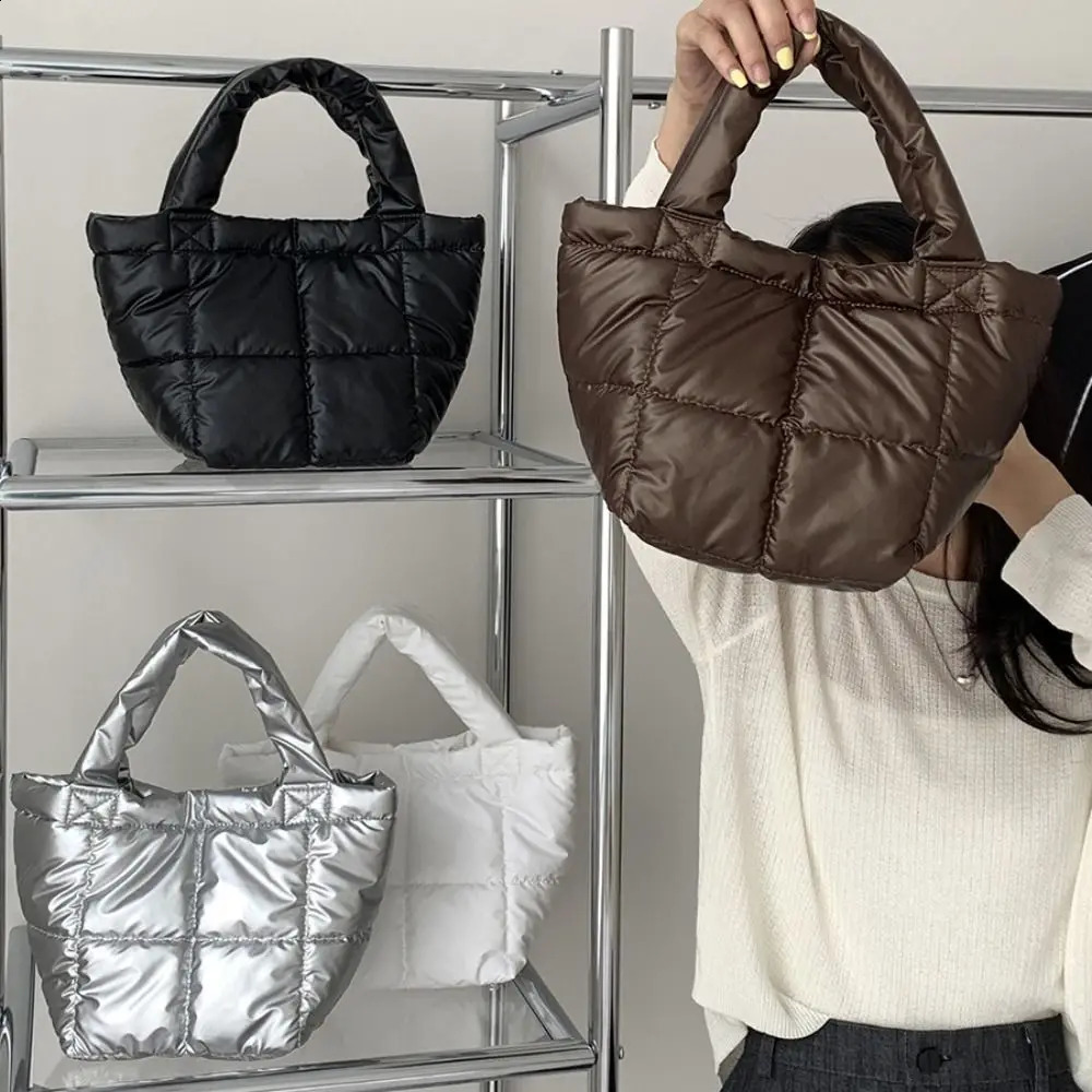 Korean Style Space Cotton Tote Bag Large Capacity Silver Cloud Bag Lightweight Solid Color Nylon Handbag Autumn Winter 241227