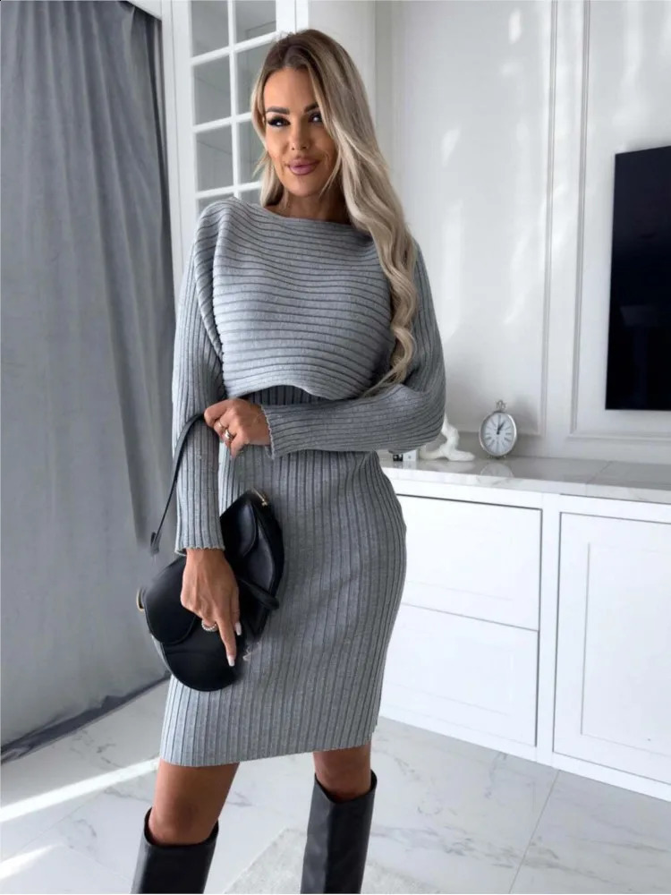 Fashion Long Sleeve Knitted Sweater And Dress Two Piece Sets For Women 2025 Autumn Winter Outfits Warm Sexy Bodycon Drsses 241220