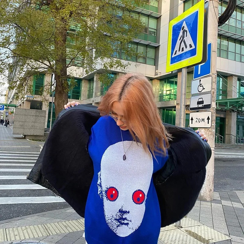 Deeptown Y2k Gothic Knitted Sweater Women Harajuku Printed Oversized Pullover American Fashion Autumn Streetwear Hip Hop 241223
