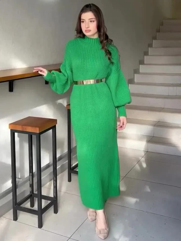 TARUXY Knitted Long Dress With Belt Womens Turtleneck Pullover Solid Sweater Dresses Fashion Long Sleeve Holiday Party Clothes 241224