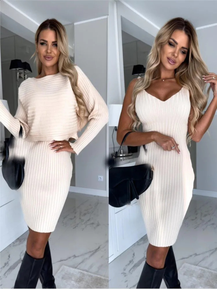 Fashion Long Sleeve Knitted Sweater And Dress Two Piece Sets For Women 2025 Autumn Winter Outfits Warm Sexy Bodycon Drsses 241220