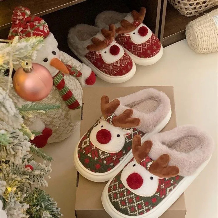 Christmas Cotton Slippers For Women Cute Cartoon Deer Antislip Girls Indoor Home Floor Shoes Couple Fashion Party Slides 241223