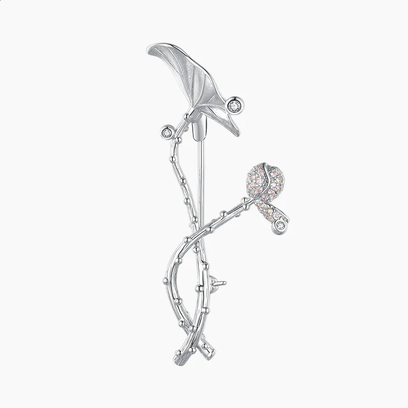 Silver 925 Jewelry Brooch Lotus Leaf Flower With Zircons Trend Autumn Office Womens Clothing Gifts Beautiful Elegance 241227