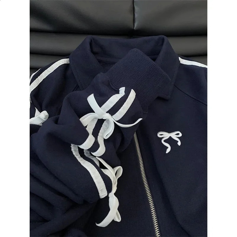 Deeptown Stripes Bow Long Sleeve Jackets for Women Y2k Korean Casual Sweet Zip Up Coats Kawaii Streetwear Loose Tracksuits 241224