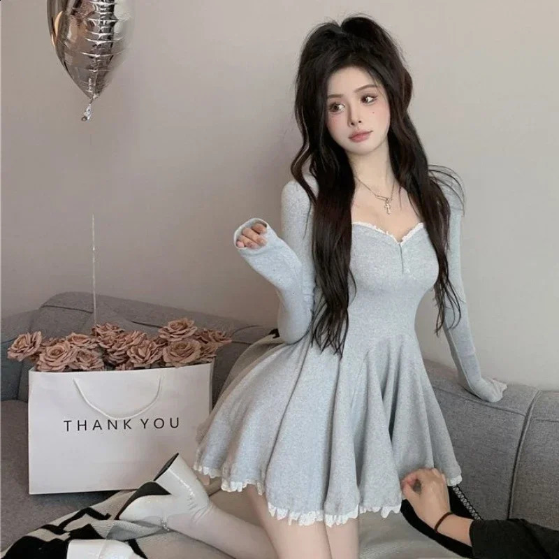 Sexy Korean Dress French Style Waist Closed Long Sleeve Collarbone Exposed Sweet Lacewaisted Pleated Aline Tutu Skirt 2024 241228
