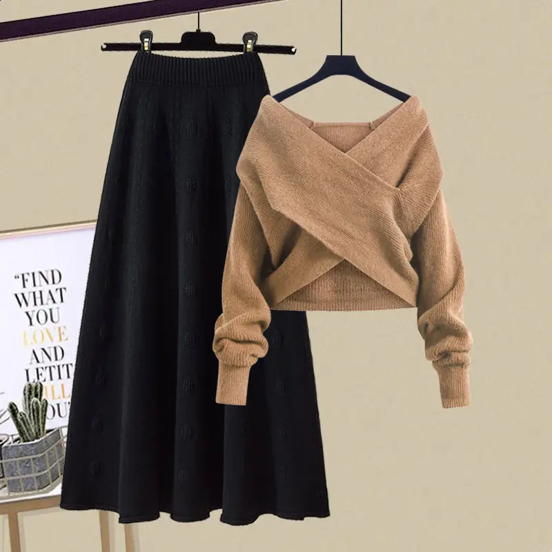 Autumn and Winter Womens Set 2024 Lazy Knitted Vneck Sweater Slimming Half Skirt Two Piece Trendy 241220