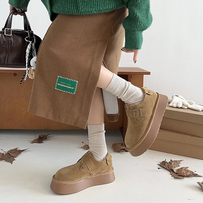 Shallow Mouth Shoes Woman Flats Clogs Platform Modis Dress Winter Creepers Retro PU Short Plush Rubber Med with 250101
