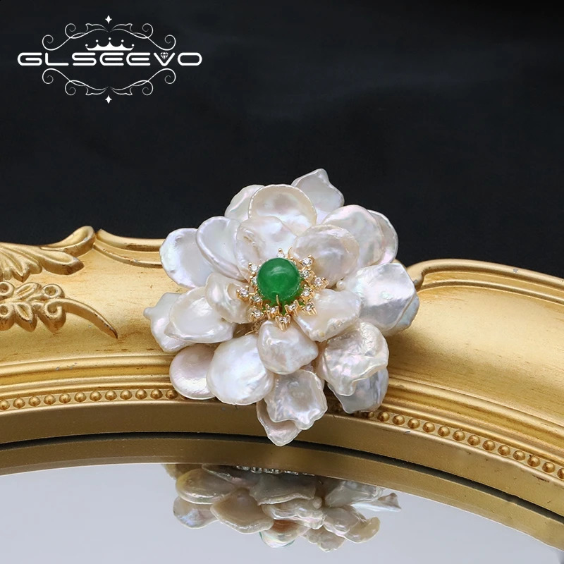 GLSEEVO Natural Tahitian Baroque Pearls Woman Brooch Green natural stone accent n Exquisite Romantic Jewelry Anniversary 241227