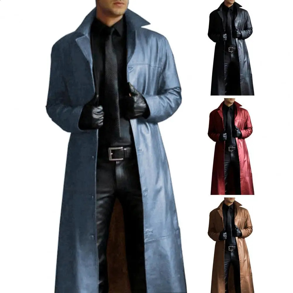 Men Faux Leather Jacket Stylish Mens Trench Coat with Turndown Collar Windproof n Slim Fit for 241220