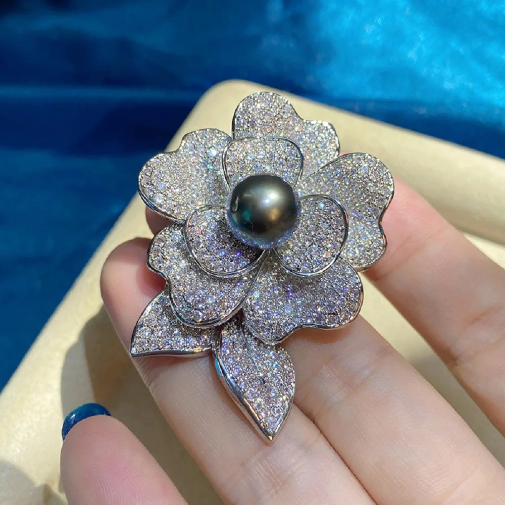 pearl 9-10mm South Sea round pearl brooch gold-plated five leaf flower micro inlaid brooch 241227