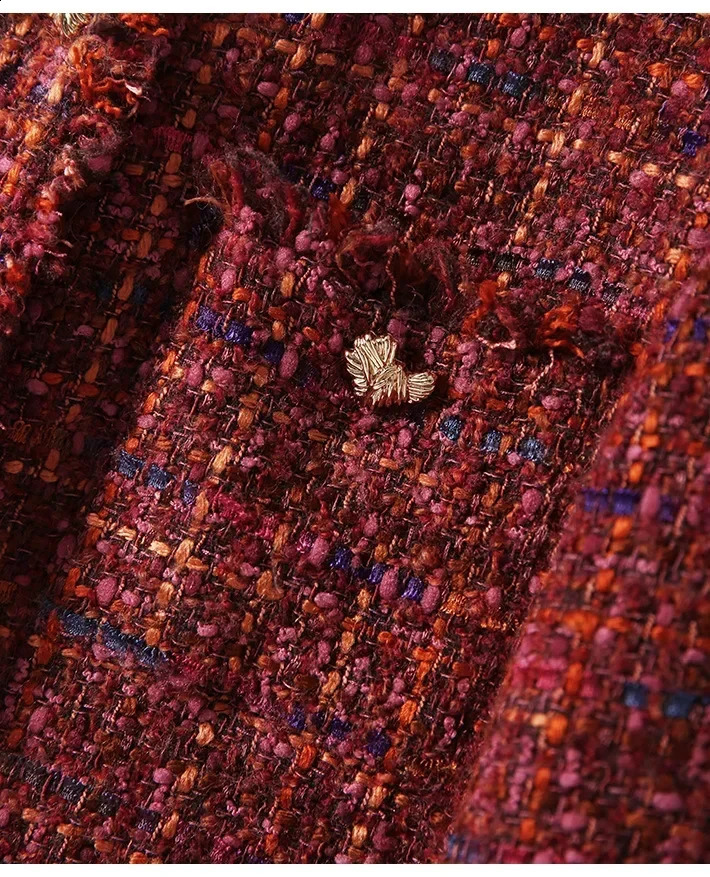 Autumn Women Wine Red Tweed Wool Jacket High-end Red Tweed Short Coat Spring and Autumn Coat Tweed Womens Tweed Coat 241224