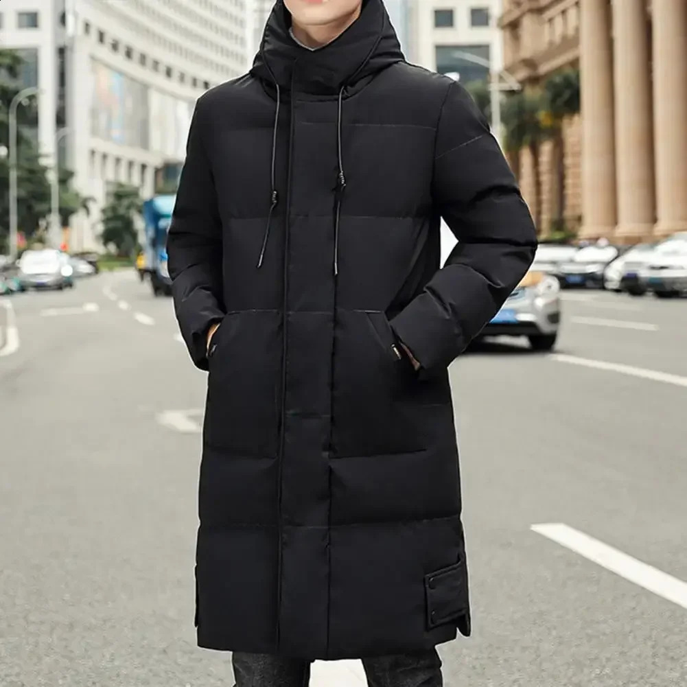 Hooded Winter Down Coat for Men Parkas Thickened Solid Color Padded Cardigan Midi Length Zip Up Mens Daily Wear 241228