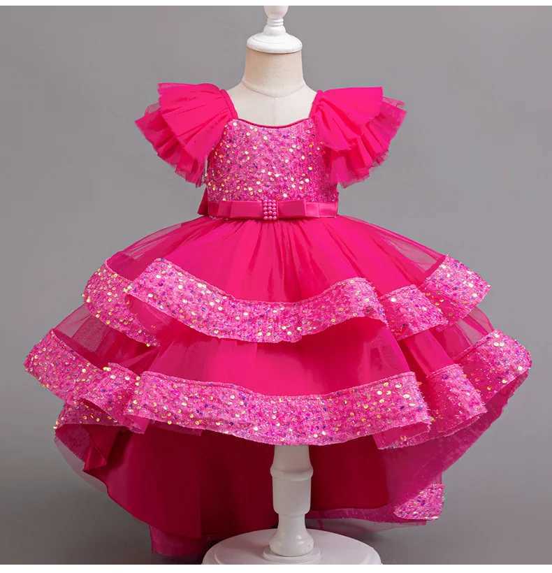 Girl's Dresses 3-10 year old girl new year dress sequins small flying sleeve trailer tail skirt net gauze cake dress girl party dress Y250227D5YA