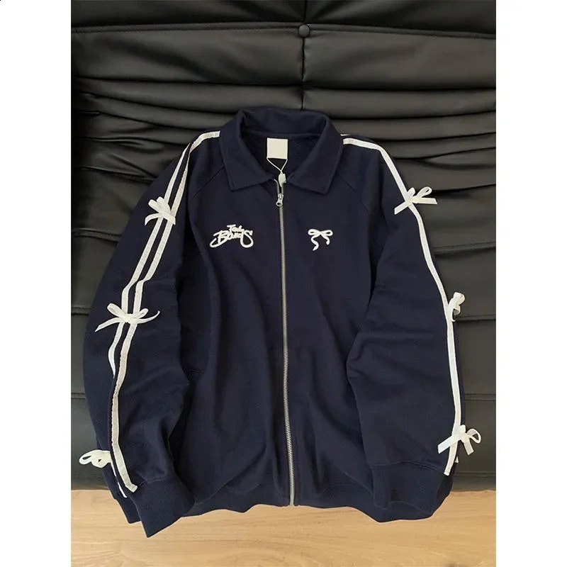 Deeptown Stripes Bow Long Sleeve Jackets for Women Y2k Korean Casual Sweet Zip Up Coats Kawaii Streetwear Loose Tracksuits 241224