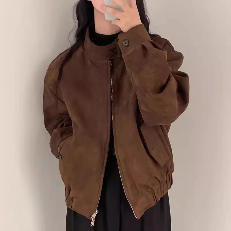 Stand Collar Zipper Chaqueta Mujer Long Sleeve Jaqueta Feminina Vinatge Jackets Woman Deerskin Casaco Autumn Winter Ropa 241224