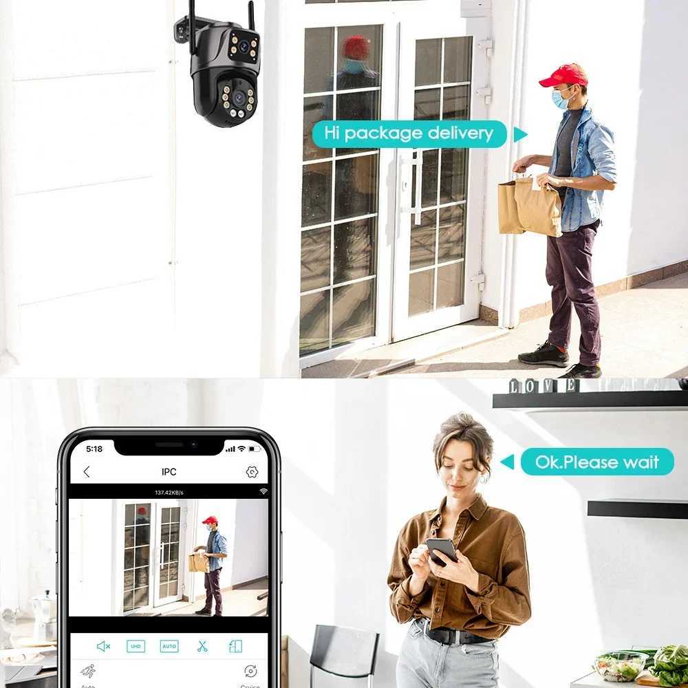 4K 8MP HD Wifi PTZ Camera Outdoor 4MP Dual Lens Dual Sn AI Auto Tracking IP Camera CCTV Audio Video Surveillance P2P iCSeeXJ241228