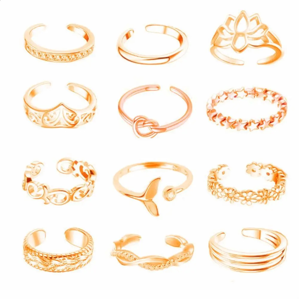 12pcsset Decorative Korean Style Alloy Toe Ring Set Women Open Beach Foot Accessories Fashion Jewelry 241225