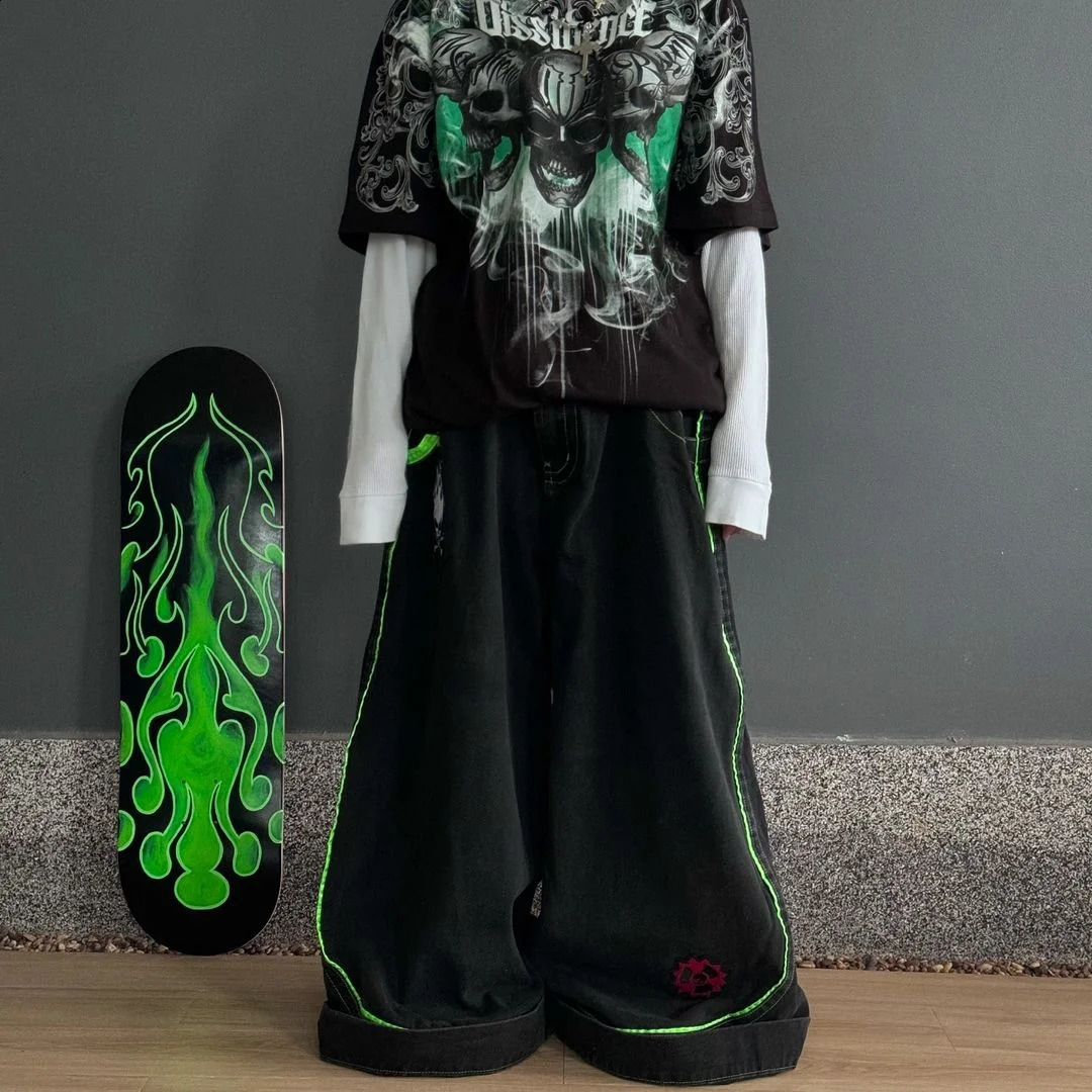 Skeleton grimace graffiti printed jeans ins washed trendy loose casual straight-leg personalized denim trousers 241224