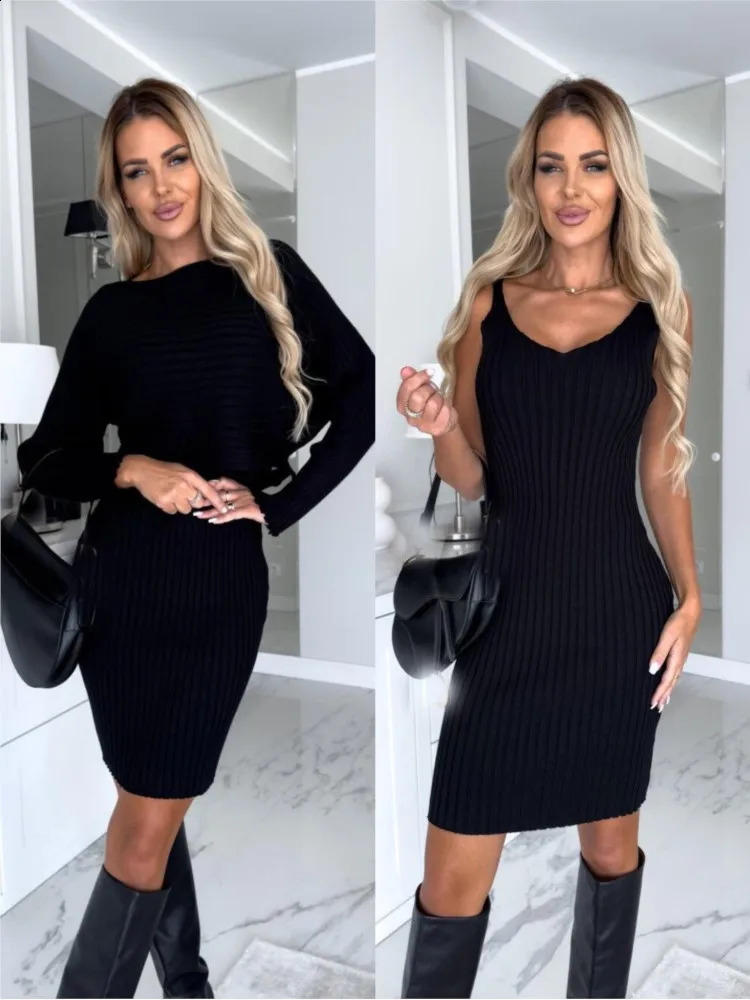 Fashion Long Sleeve Knitted Sweater And Dress Two Piece Sets For Women 2025 Autumn Winter Outfits Warm Sexy Bodycon Drsses 241220