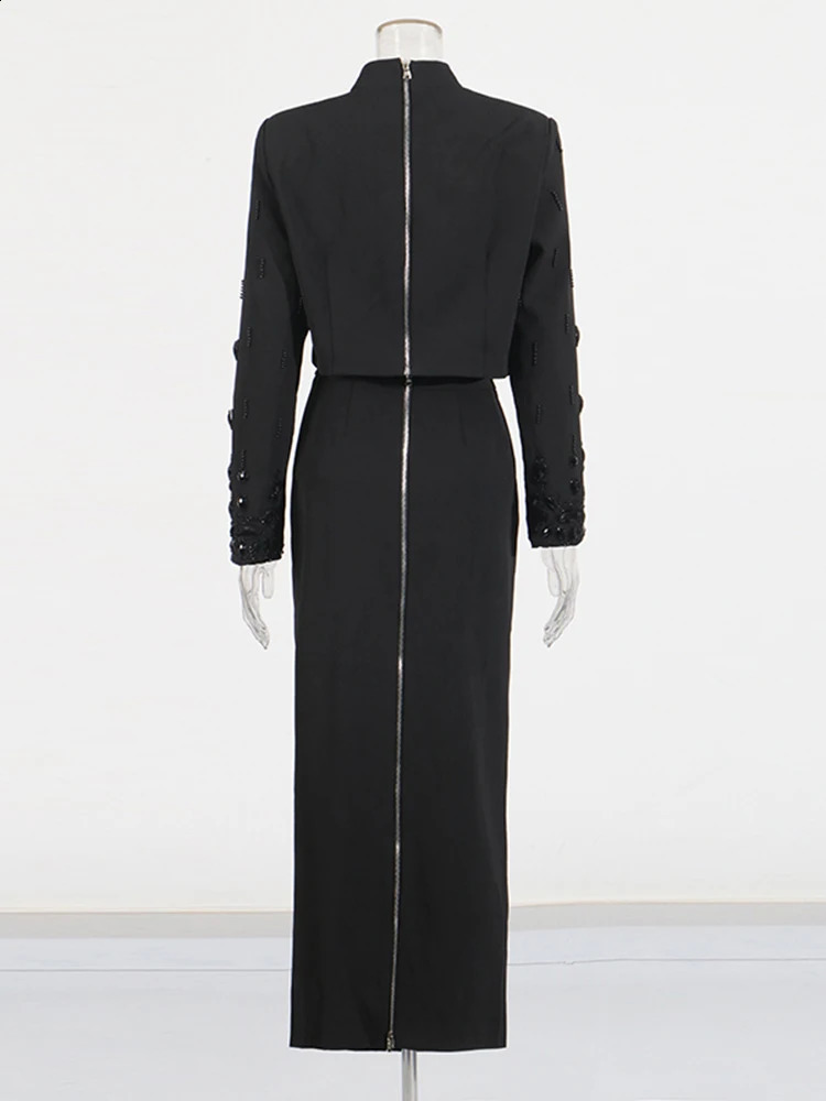 TWOTYLE Solid Spliced Diamonds Two Piece Set For Women Stand Collar Long Sleeve Tops High Waist A Line Skirt Female 241220