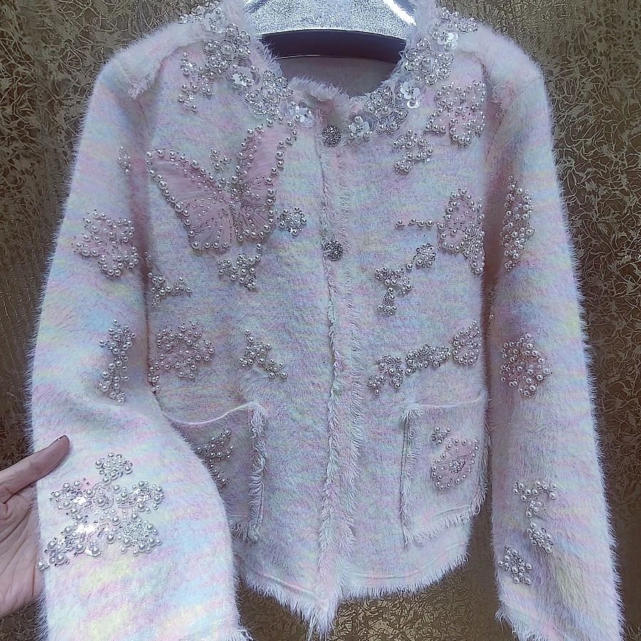 Pearls Beaded Big Butterfly Embroidery Sequined Jacket Crystal Woolen Tweed Blazer Coat Thick Mink Cashmere Cardigan Tops 241224