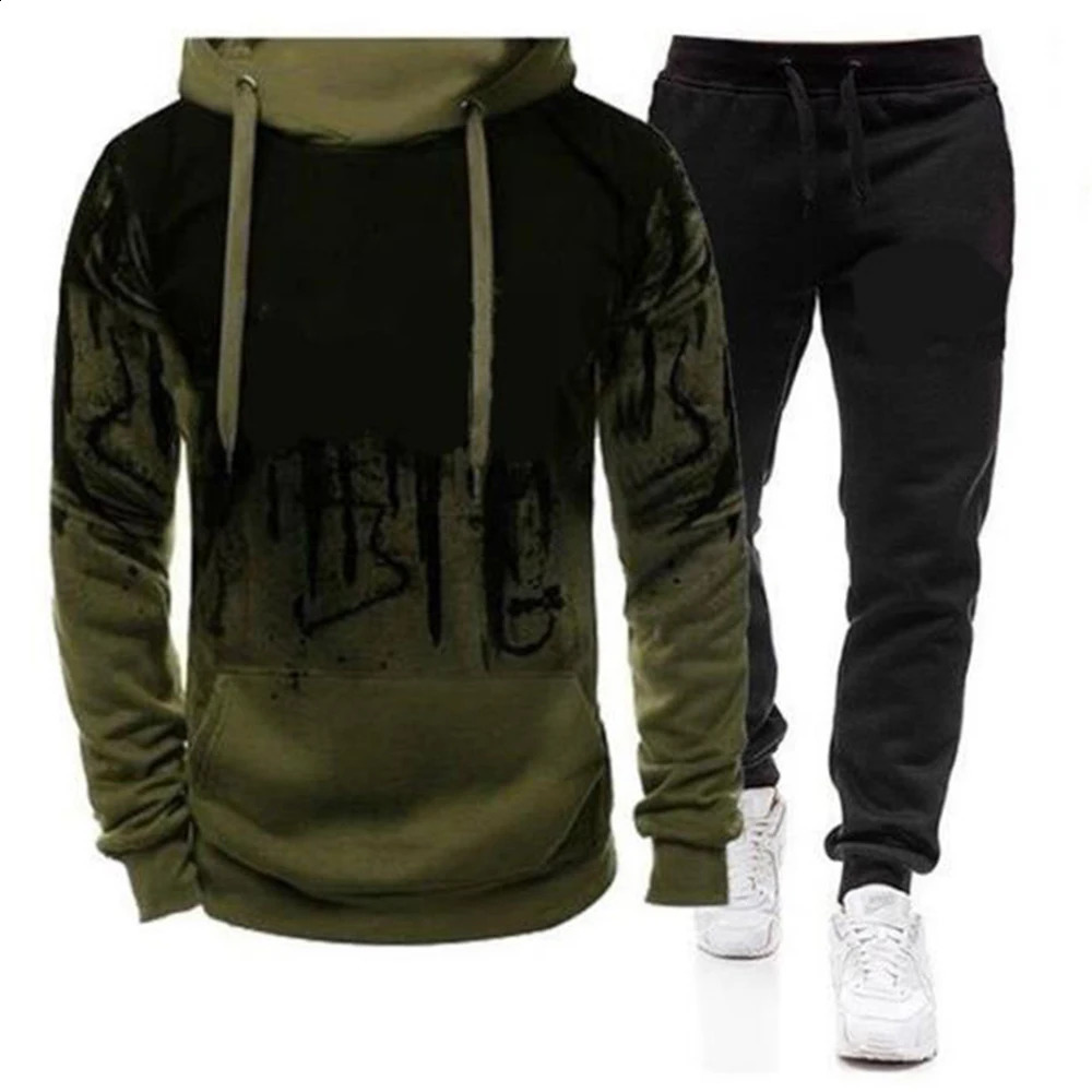 Sets Tracksuit Men Autumn Winter Hooded Sweatshirt Drawstring Outfit Sportswear Male Suit Pullover Two Piece Set Casual 241224