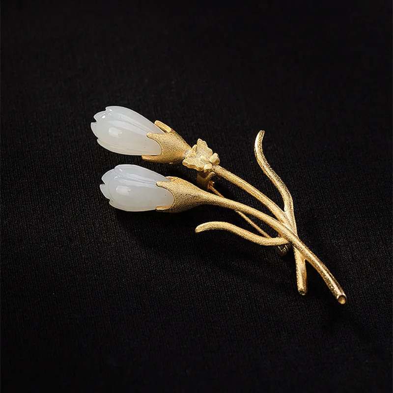 Uglyless Real Solid 925 Sterling Silver Natural Jade Magnolia Pins for Women Evening Dress Brooches Dual Use Flower Pendants 241227