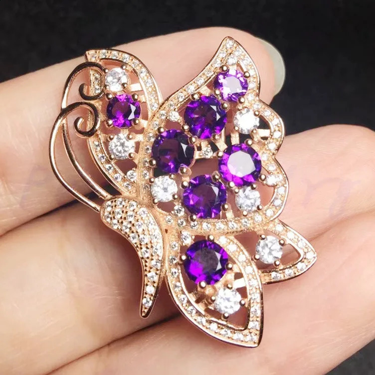 Natural real amethyst or emerald butterfly style brooch pins 925 sterling silver 0.2ct*7pcs gemstone T8100914 241227