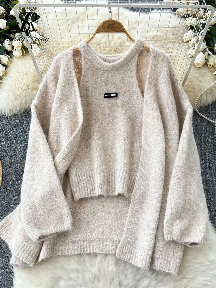 SINGREINY Fashion Solid Cashmere Sweater Long Sleeves Loose Warm CardiganSleeveless Knitting Tank Top Winter Gentle Casual Tops 241224