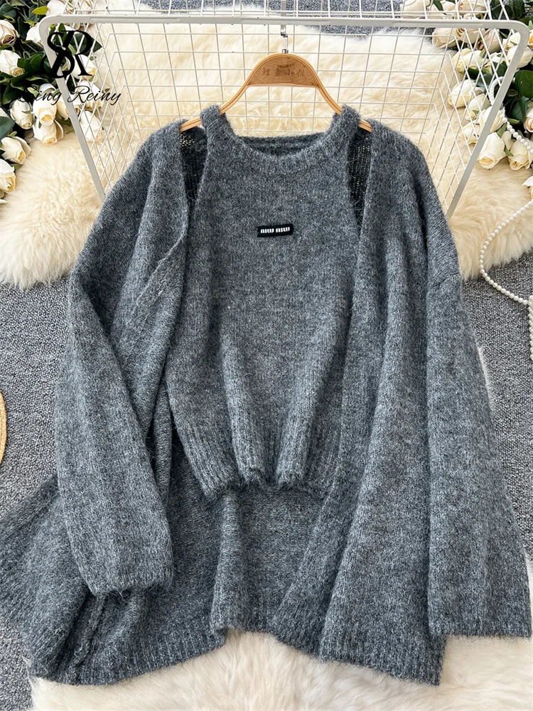 SINGREINY Fashion Solid Cashmere Sweater Long Sleeves Loose Warm CardiganSleeveless Knitting Tank Top Winter Gentle Casual Tops 241224