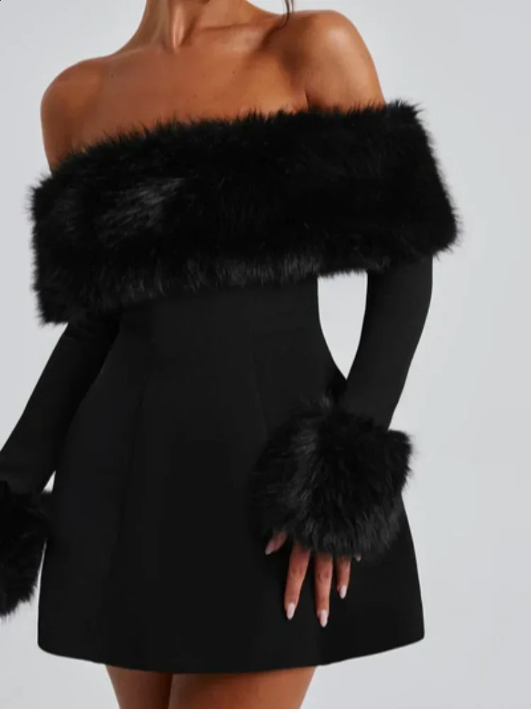 Chic Fluffy Fur Collar Patchwork Black Mini Dress Fashion Off Shoulder Long Sleeve A-line Slim Dresses Lady Evening Party Robes 241224