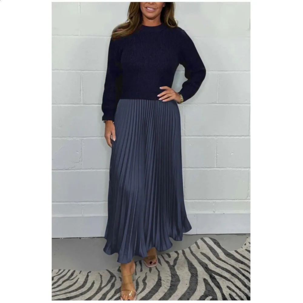 Fashion Knit Color Matching Long Sleeved Womens Dresses Autumn And Winter Elegant Lady Pleated Knitted Female Dresses 241224