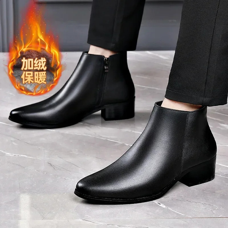 British Business Leather Boots for Men High Heels Pointed Toes and Fleece Chelsea Male Fashion Casual Shoes Man 241223