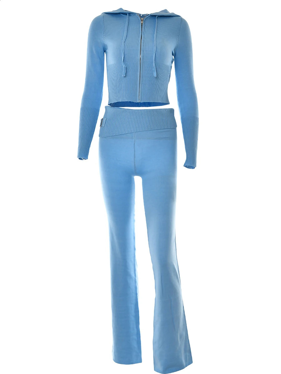 Women Fall 2 Piece Outfits Ribbed Knit Slim Fit Long Sleeve Zip Up Crop Jacket Skinny Flare Pants Loungewear Sets 241224Z