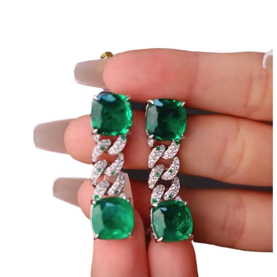Handmade Elegant Dangle Earrings Luxury Jewelry 925 Sterling Silver Cushion Shape Emerald Pave CZ Diamond Gemstones Party Women Wedding Drop Earring G