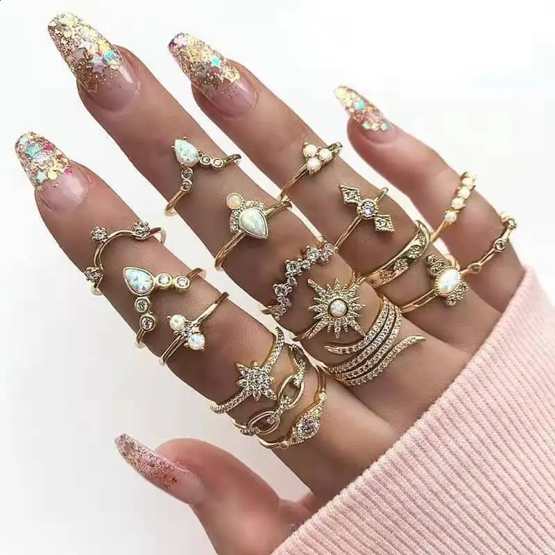 17 PCSSet Fashion Geometric Punk Rings For Women Crystal Gold color Finger Ring Ladies Jewelry Wedding Party Gifts 241225