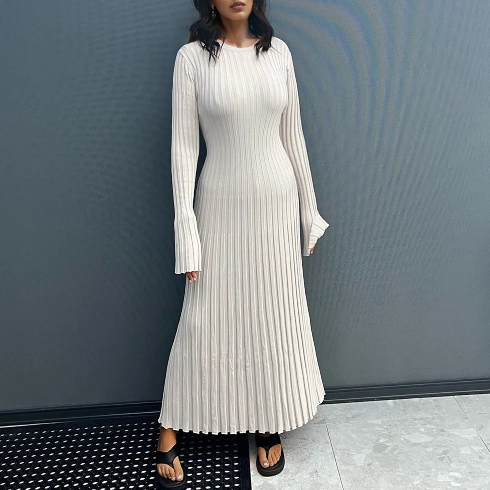 WomenS Ribbed Knitted Midi Dress Long Sleeve Round Neck Long Dress For Fall Party Bodycon Sweater Dress Vestidos Para Mujer 241224