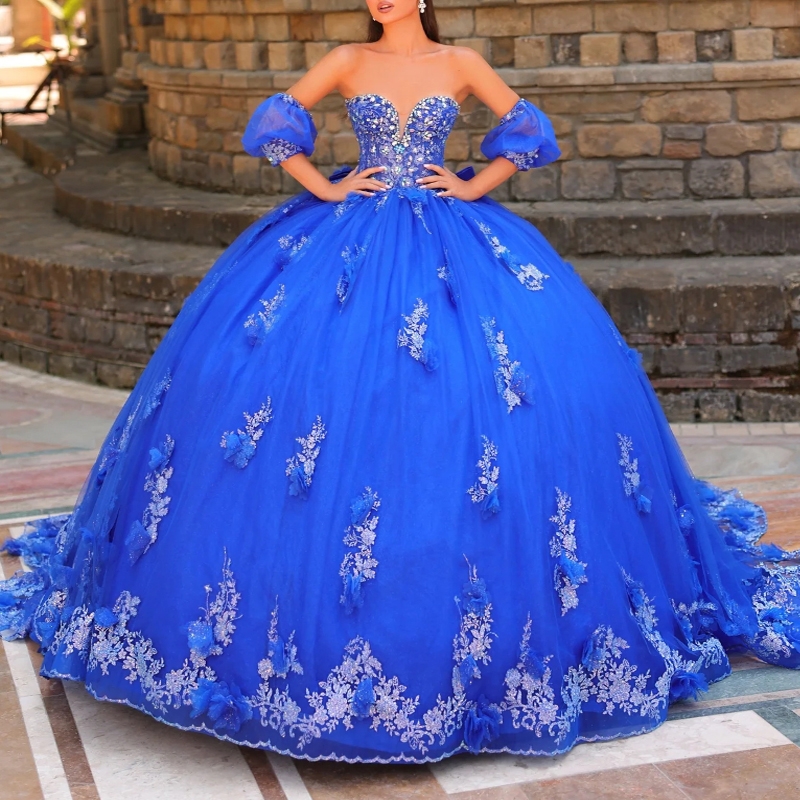 Royal Sparkly Quinceanera Dresses Off Shoulder Appliques Flower Beads Bow Tull Ball Gown Sweet 16 Dress Party Birthday Vestidos De 15 Anos