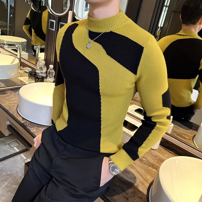 Sweater Autumn Winter Korean Mens Clothing Fashion Patchwork Color Sweater Male Slim Fit Casual Turtleneck 4Colors 241223