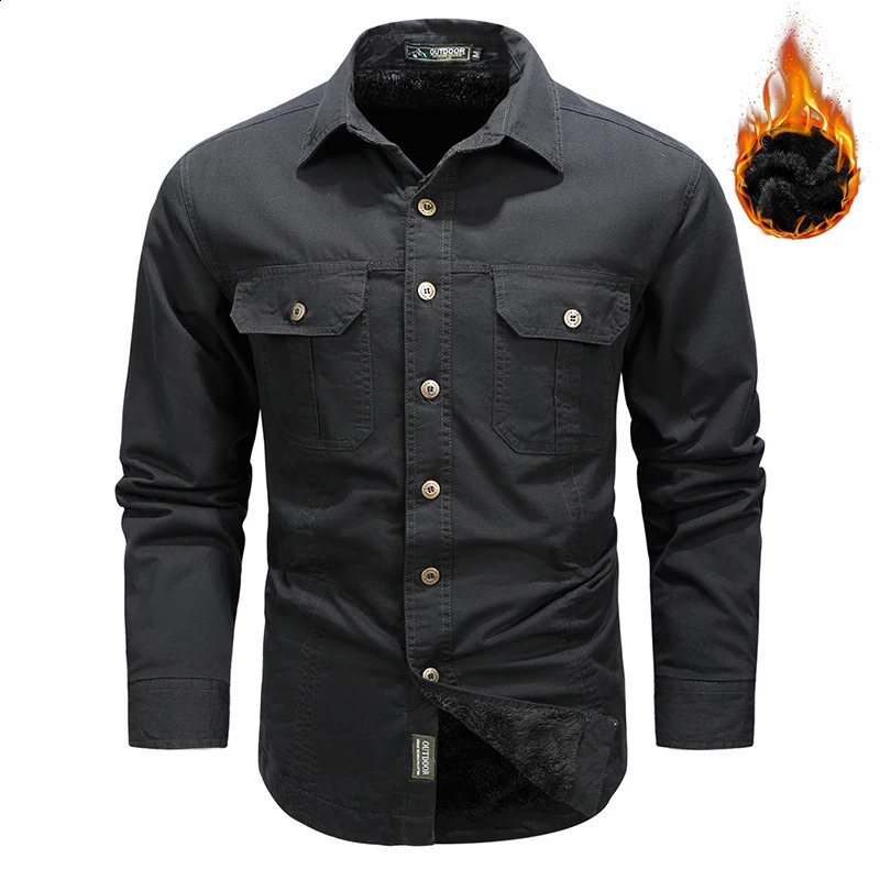 Winter Men Fleece Cargo Cotton Long Sleeve Shirts Man Casual Military Tactic Thick Shirts Man Outdoor Blouses Polo Top Shirt 5XL 241223